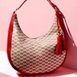Michael Kors Lauryn Large Shoulder Hobo Bag Red Leather Weave Logo Strap